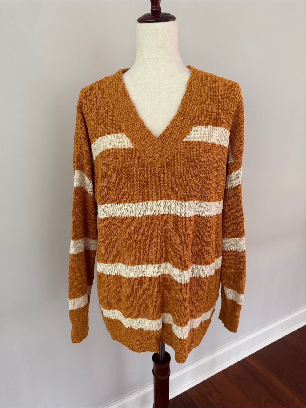 Striped V-Neck Sweater in Mustard & Cream